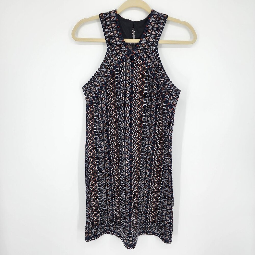 BCBGMaxazria Bodycon Dress S Aztec Print Knit Sleeveless Halter Mini